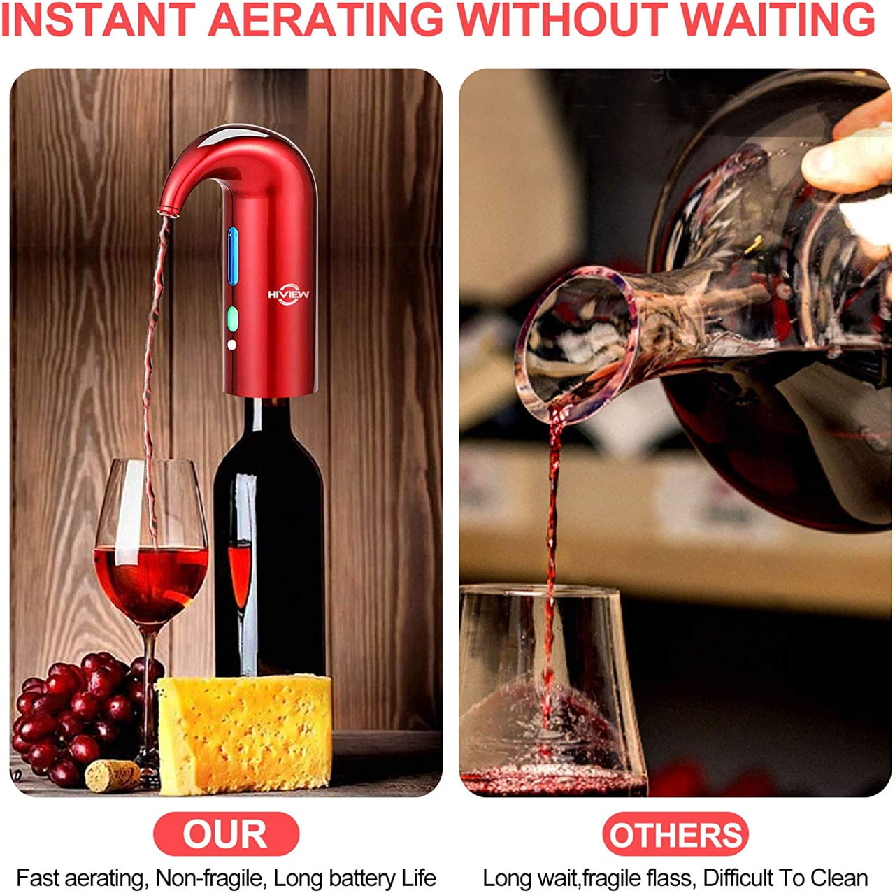 Electric Wine Aerator, Wine Dispenser, Aeration and Decanter Wine Pourer, Red White Wine Accessories-Red