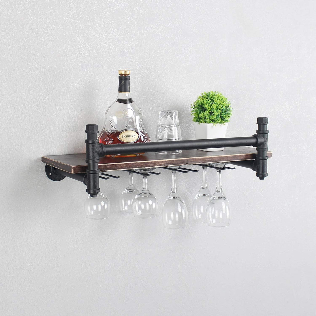 Industrial Wall Mounted Wine Rack,1-Tier Wood Shelf,Wine Bottle with 4 Stemware Glass Rack,Mugs Racks,Bottle & Glass Holder,Display Racks,Home & Kitchen Décor,Black(24 In)