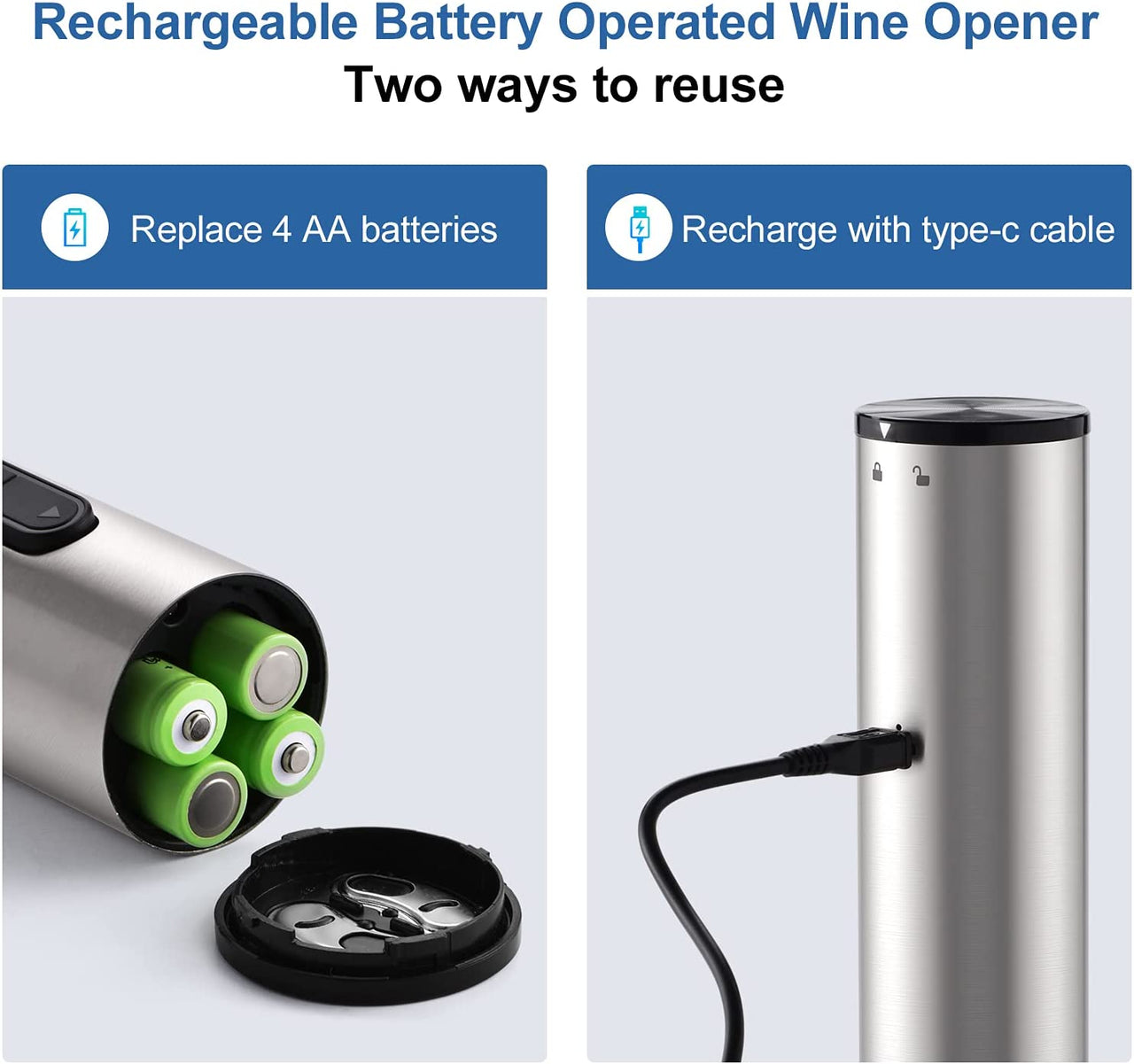 Electric Wine Opener Rechargeable Battery Operated Wine Bottle Opener with Foil Cutter Automatic Wine Openers Electric Corkscrew Wine Opener for Wine Lovers, Stainless Steel