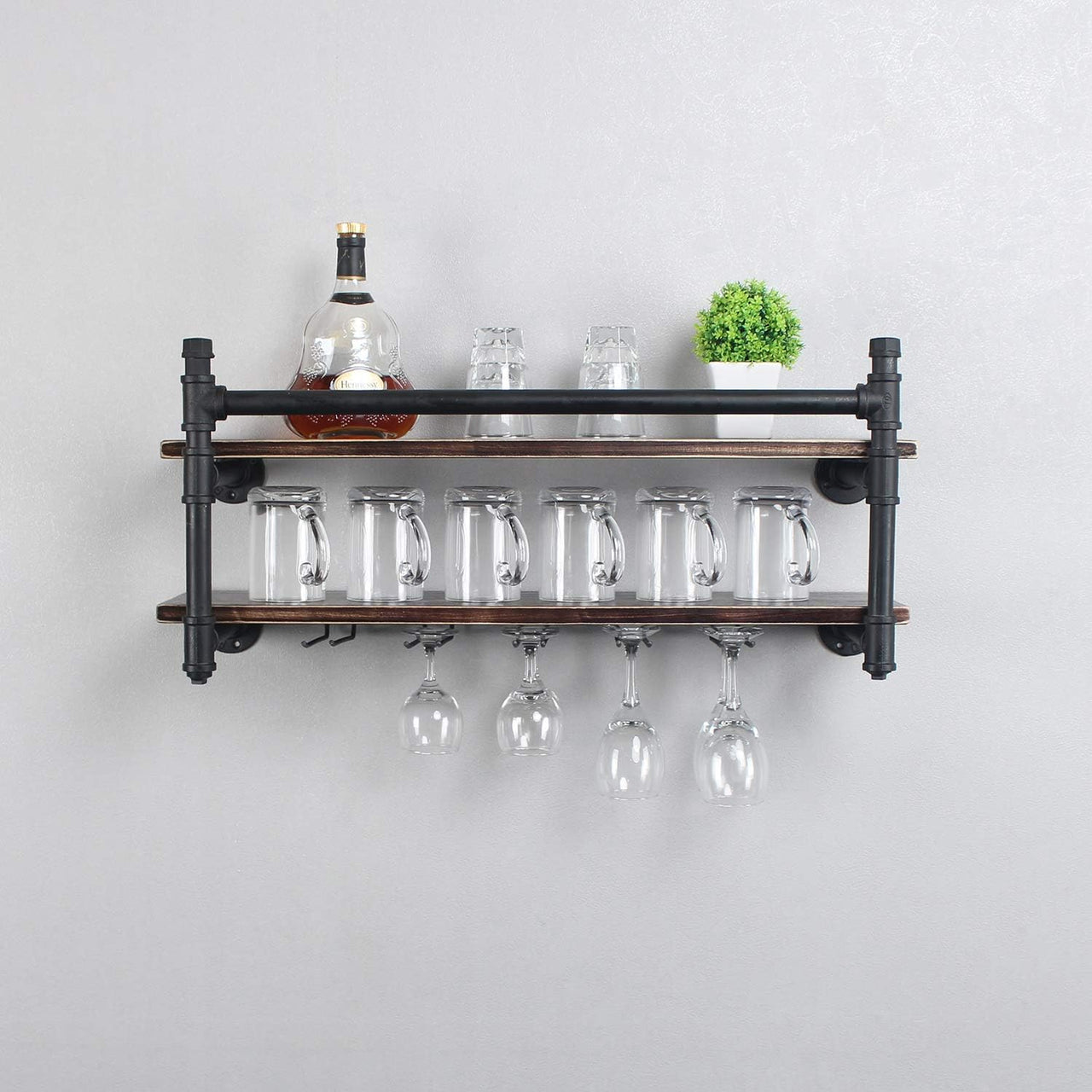 Industrial Wall Mounted Wine Rack,2-Tier Wood Shelf,Wine Bottle with 5 Stemware Glass Rack,Mugs Racks,Bottle & Glass Holder,Display Racks,Home & Kitchen Décor,Black(30 Inch,Style B)