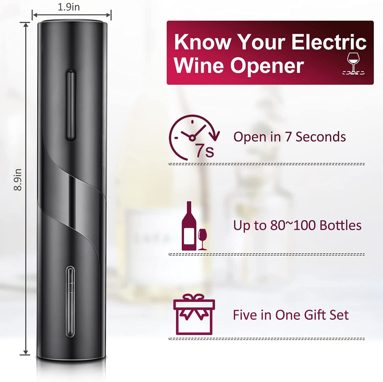 Electric Wine Opener, Electric Wine Bottle Opener Kit Cordless Corkscrew Opener Includes Automatic Wine Opener, Foil Cutter, Vacuum Stoppers, Wine Aerator Pourer,5-In-1 Wine Opener Gift Set