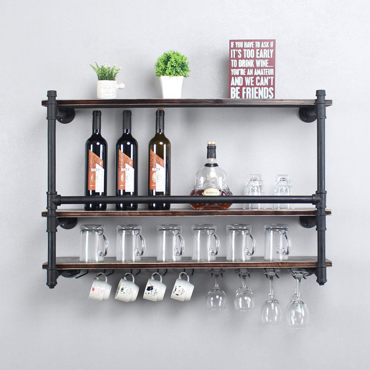 Industrial Wall Mounted Wine Rack,3-Tier Wood Shelf,Wine Bottle with 9 Stemware Glass Rack,Mugs Racks,Bottle & Glass Holder,Display Racks,Home & Kitchen Décor,Black(36 Inch,Style B)