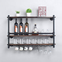 Thumbnail for Industrial Wall Mounted Wine Rack,3-Tier Wood Shelf,Wine Bottle with 9 Stemware Glass Rack,Mugs Racks,Bottle & Glass Holder,Display Racks,Home & Kitchen Décor,Black(36 Inch,Style B)