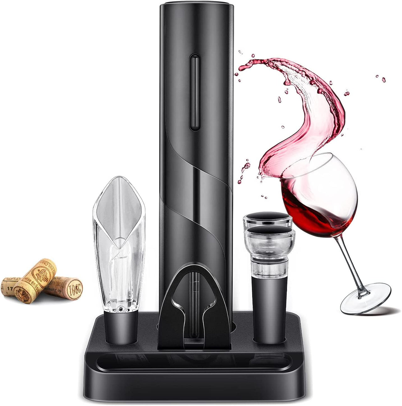 Electric Wine Opener, Electric Wine Bottle Opener Kit Cordless Corkscrew Opener Includes Automatic Wine Opener, Foil Cutter, Vacuum Stoppers, Wine Aerator Pourer,5-In-1 Wine Opener Gift Set