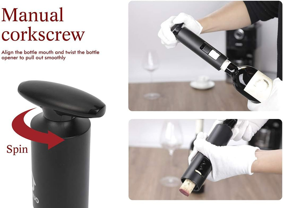 Manual Wine Bottle Opener Portable Corkscrew with Foil Cutter, Vacuum Stopper, and Wine Aerator Pourer, 4-In-1 Waiter Corkscrew for Wine Lover (Black - Manual)