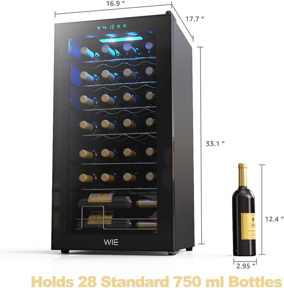 28 Bottle Wine Cooler Refrigerator Compressor Wine Fridge Freestanding Quiet Operation 41°F-64°F Cooling Wine Cellar Digital Touch Display Uv-Protective Finish Auto-Defrost Double-Layer Glass Door