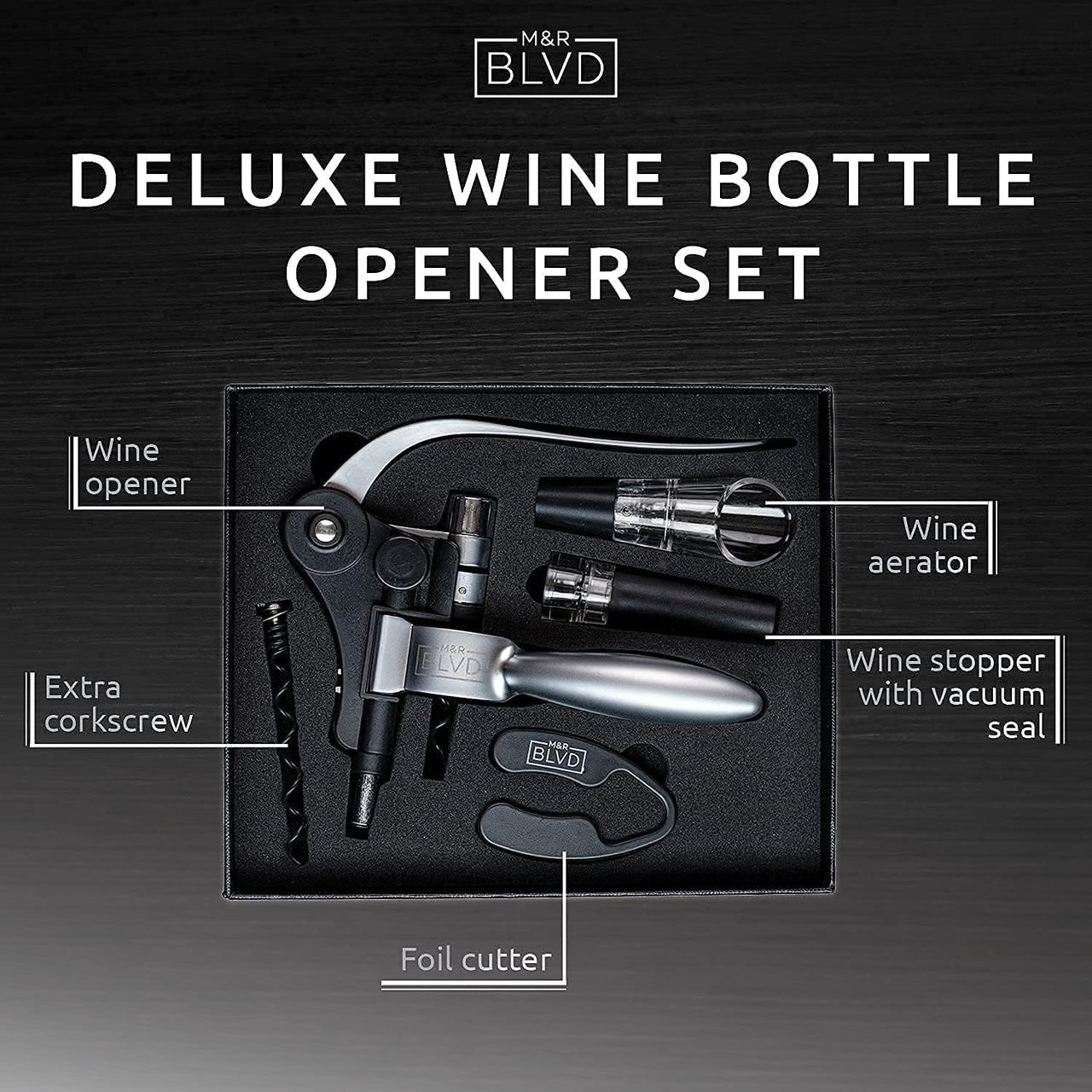 Wine Bottle Opener Set by  - Professional Grade, Deluxe Screwpull Lever Corkscrew - Extra Spiral, Foil Cutter, Aerator Spout, Wine Stopper - Premium Bar Accessory & Wine Gift Set - Silver