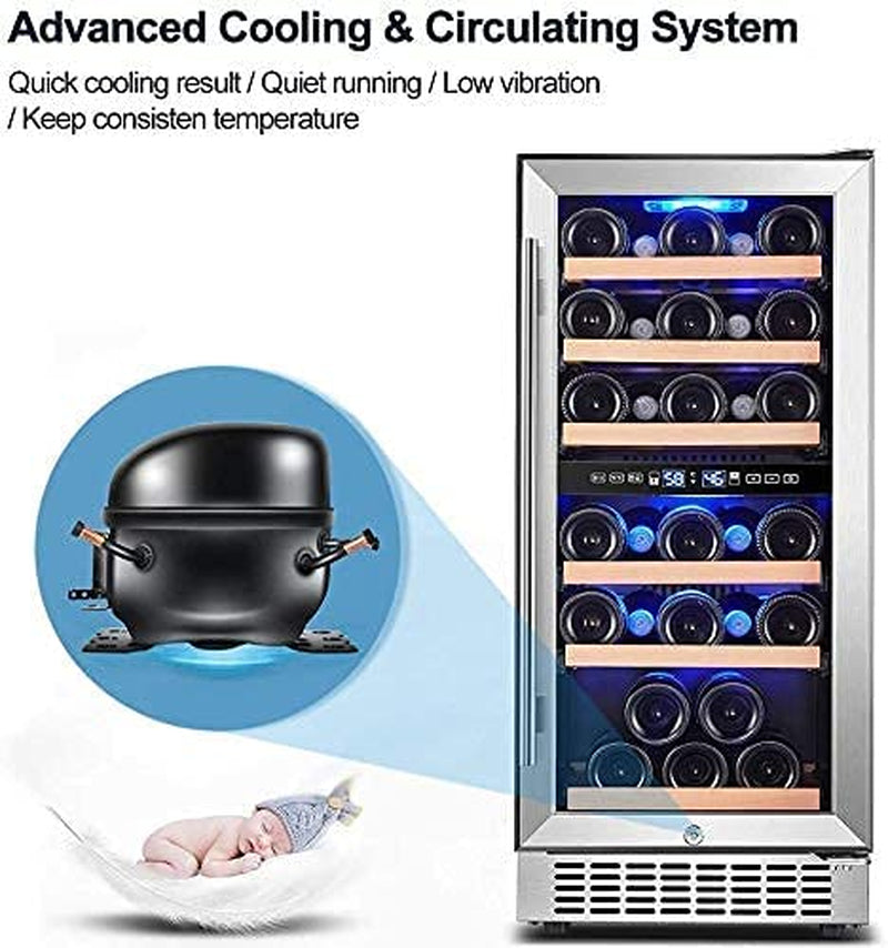 Wine Cooler Refrigerator 15 Inch Dual Zone Wine Fridge for 30 Bottles Built in or Freestanding Compressor Wine Chiller with Temperature Memory | Fog Free, Front Vent, Quick and Quiet Operation