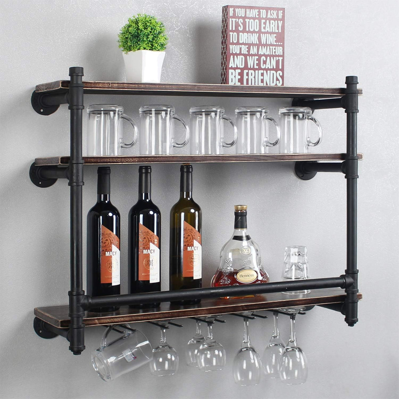 Industrial Wall Mounted Wine Rack,3-Tier Wood Shelf,Wine Bottle with 5 Stemware Glass Rack,Mugs Racks,Bottle & Glass Holder,Display Racks,Home & Kitchen Décor,Black(30 Inch,Style A)