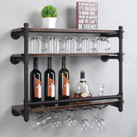 Thumbnail for Industrial Wall Mounted Wine Rack,3-Tier Wood Shelf,Wine Bottle with 5 Stemware Glass Rack,Mugs Racks,Bottle & Glass Holder,Display Racks,Home & Kitchen Décor,Black(30 Inch,Style A)