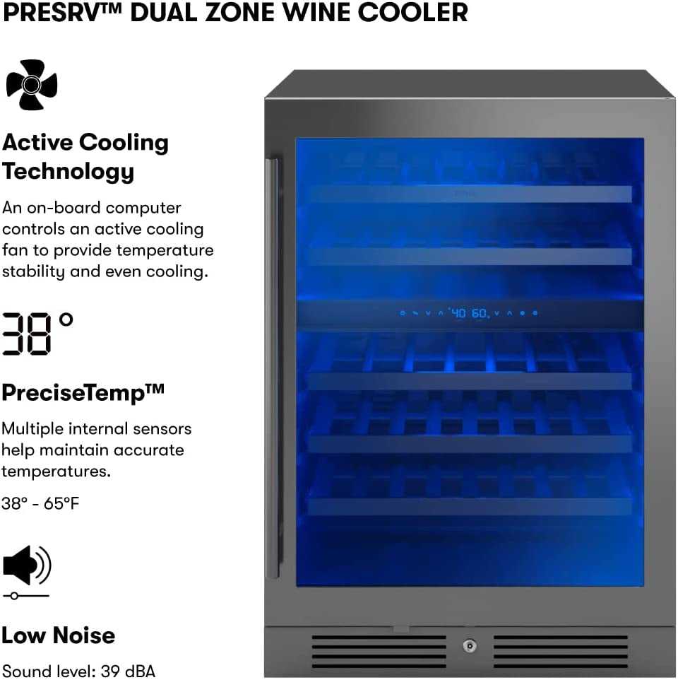 Presrv 24" Wine Fridge Dual Zone under Counter - Countertop Mini Wine Cooler Cellars Small Cabinet Wine Refrigerator Home Bar Chiller Freestanding with French Glass Door Black, 45 Bottles 750Ml