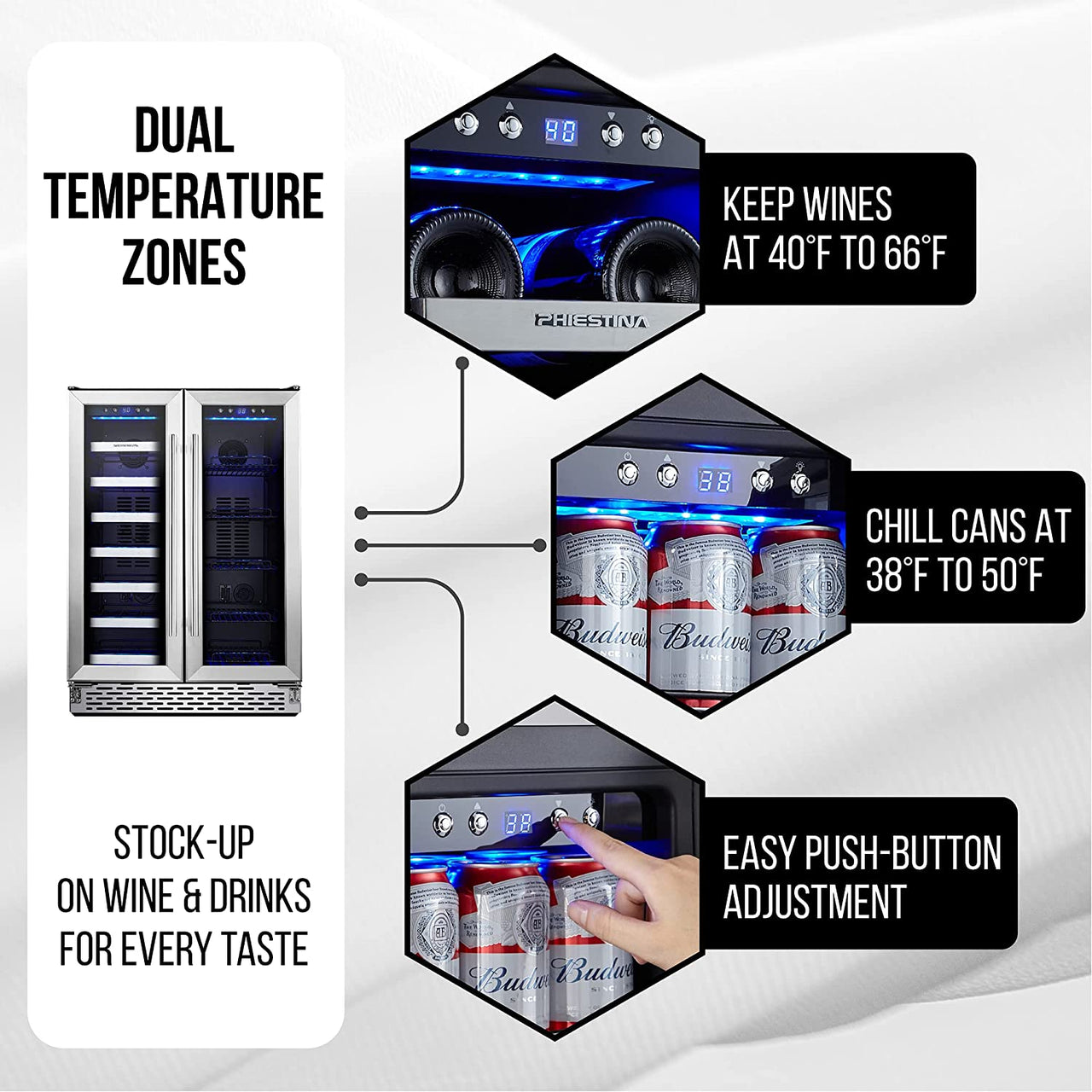 Wine and Beverage Refrigerator, Wine Cooler 20 Bottles&78 Cans 24’’, Built-In/Freestanding Dual Zone Wine Fridge with Glass Door Removable Shelves for Home/Bar/Office Quiet