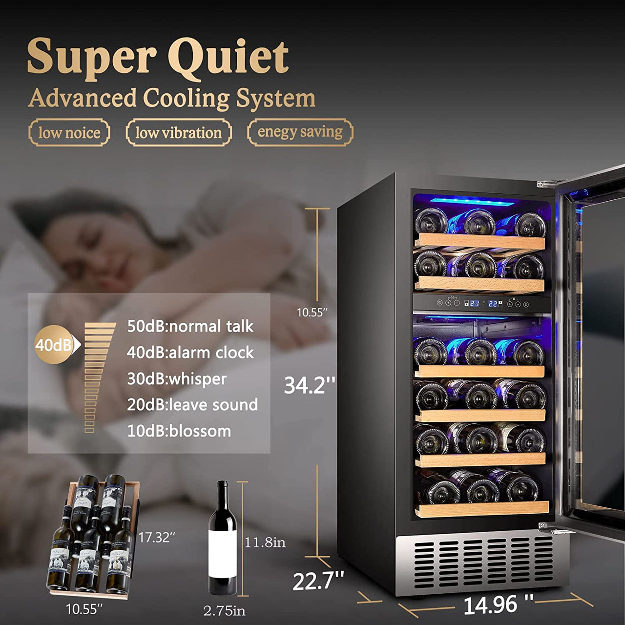 【Upgraded】 15 Inch Wine Cooler, 28 Bottle Dual Zone Wine Refrigerator with Stainless Steel Tempered Glass Door,Memory Function, Fit Champagne Bottles, Wine Fridge Freestanding and Built-In