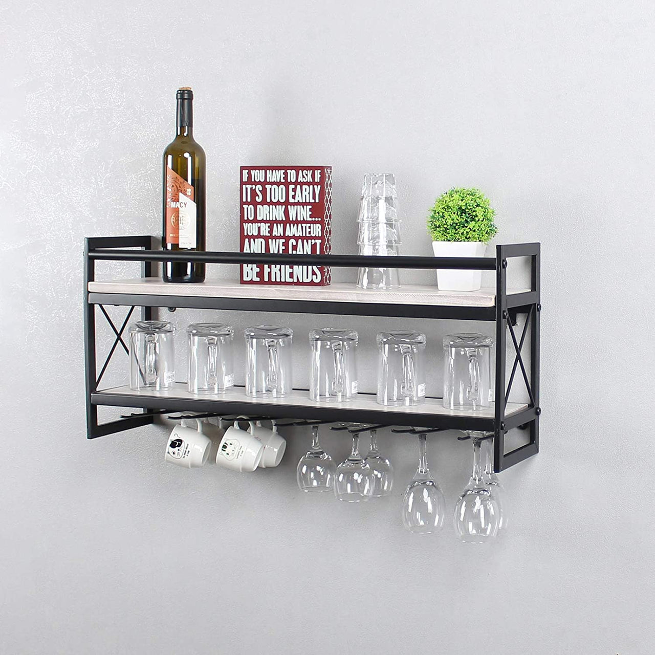 Modern Wall Mounted Wine Rack,2 Layer Bottle & Glass Holder,30 Wine Storage Stemware Glass Rack,Metal & Wood Display Racks,Home & Kitchen Decor Storage Rack,Vintage White