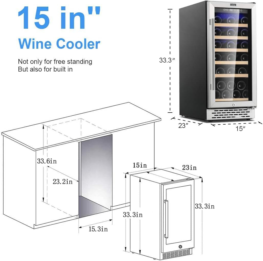 15 Inch Wine Cooler Refrigerators, 30 Bottle Fast Cooling Low Noise and No Fog Wine Fridge with Professional Compressor Stainless Steel, Digital Temperature Control Screen Built-In Freestanding