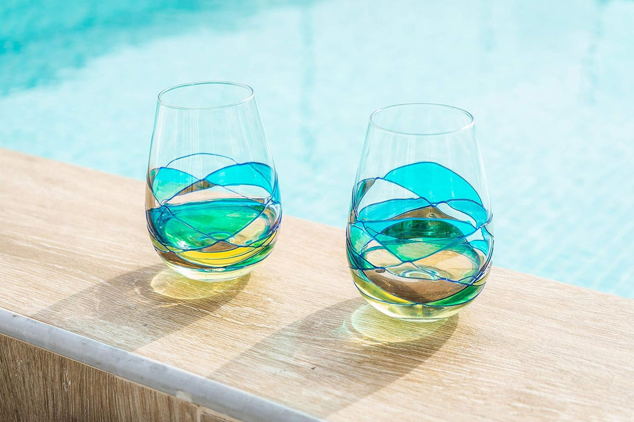 Stemless Wine Glasses Set of 2 (21 Oz) - Handblown & Handmade, Painted Blue Wine Glass, Gifts for Women, Birthdays, Anniversaries, and Weddings - 2 Unit (Set 2)