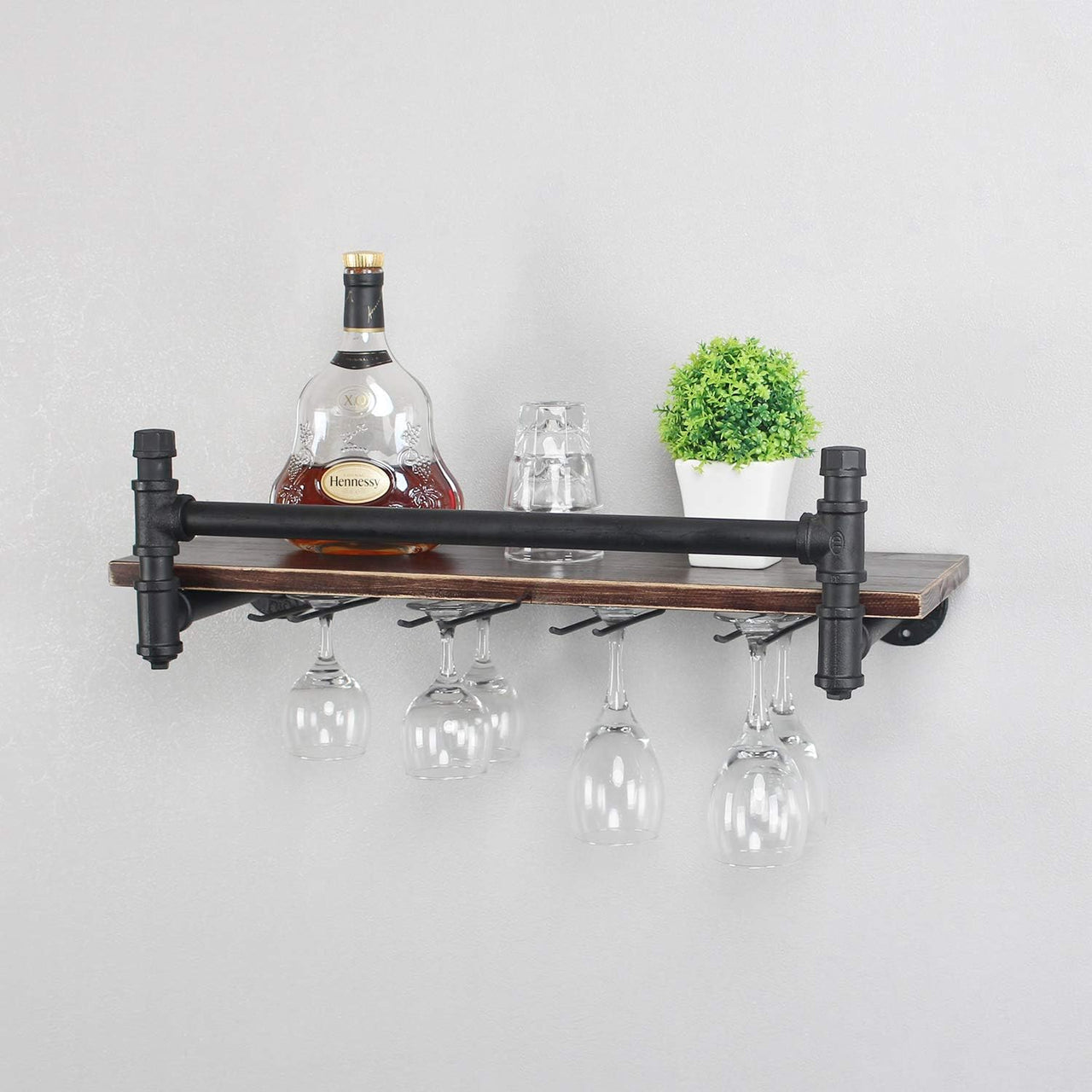 Industrial Wall Mounted Wine Rack,1-Tier Wood Shelf,Wine Bottle with 4 Stemware Glass Rack,Mugs Racks,Bottle & Glass Holder,Display Racks,Home & Kitchen Décor,Black(24 In)