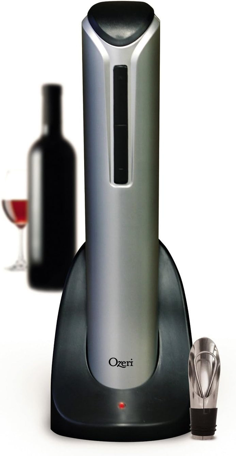 Pro Electric Bottle Opener with Wine Pourer, Stopper, Foil Cutter, and Elegant Recharging Stand, Silver