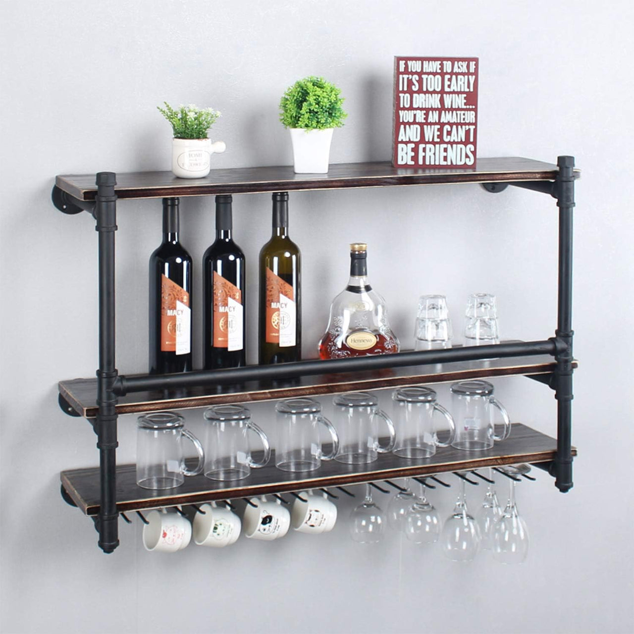 Industrial Wall Mounted Wine Rack,3-Tier Wood Shelf,Wine Bottle with 9 Stemware Glass Rack,Mugs Racks,Bottle & Glass Holder,Display Racks,Home & Kitchen Décor,Black(36 Inch,Style B)