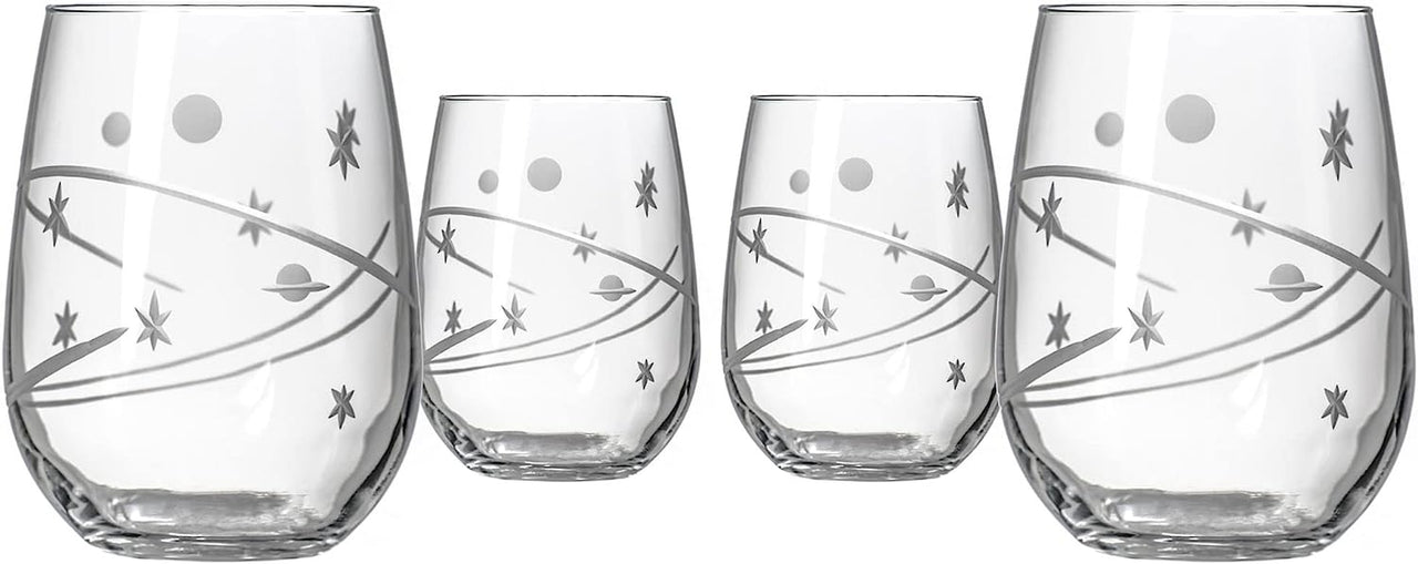 Space Stemless Wine Glass 17 Ounces | Lead-Free Glass | American Made Glass Design | Etched Tumbler Glasses | Planets and Stars - for the Space Enthusiast'S Thirst (Set of 4)