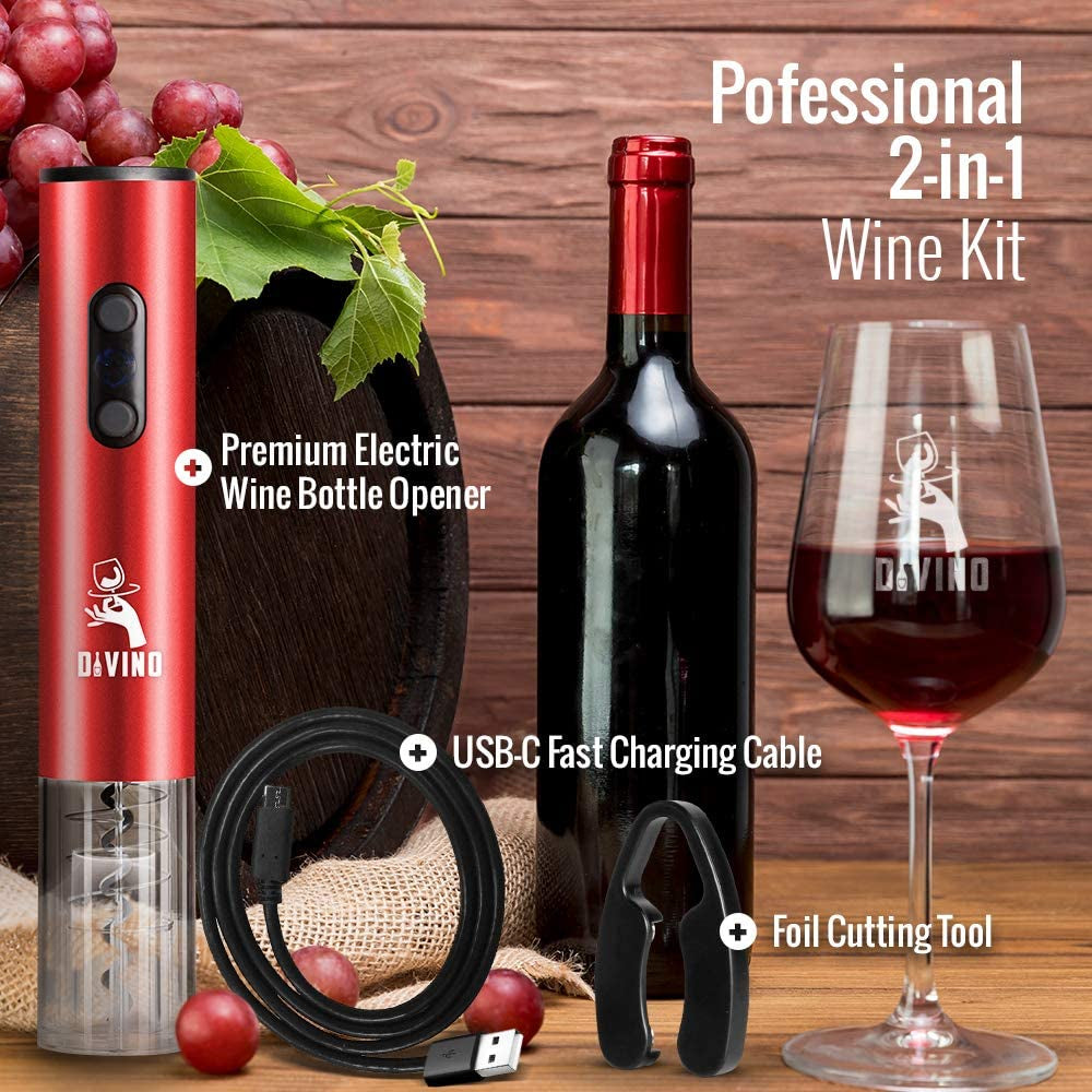 Electric Wine Opener Rechargeable Set – Cordless Electric Wine Bottle Opener with Foil Cutter – Automatic Wine Opener Electric Corkscrew – Electric Wine Openers Rechargeable Wine Opener, Wine Gift Set