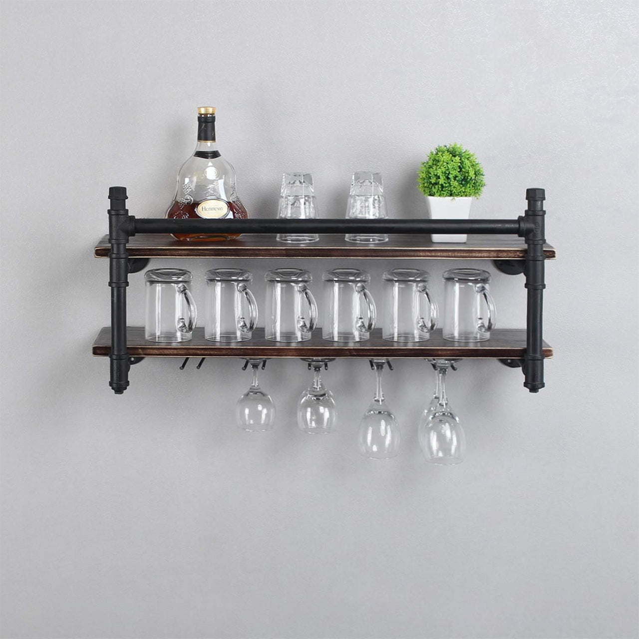 Industrial Wall Mounted Wine Rack,2-Tier Wood Shelf,Wine Bottle with 5 Stemware Glass Rack,Mugs Racks,Bottle & Glass Holder,Display Racks,Home & Kitchen Décor,Black(30 Inch,Style B)