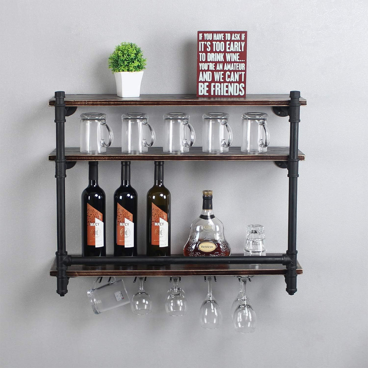 Industrial Wall Mounted Wine Rack,3-Tier Wood Shelf,Wine Bottle with 5 Stemware Glass Rack,Mugs Racks,Bottle & Glass Holder,Display Racks,Home & Kitchen Décor,Black(30 Inch,Style A)