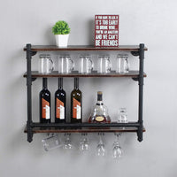 Thumbnail for Industrial Wall Mounted Wine Rack,3-Tier Wood Shelf,Wine Bottle with 5 Stemware Glass Rack,Mugs Racks,Bottle & Glass Holder,Display Racks,Home & Kitchen Décor,Black(30 Inch,Style A)