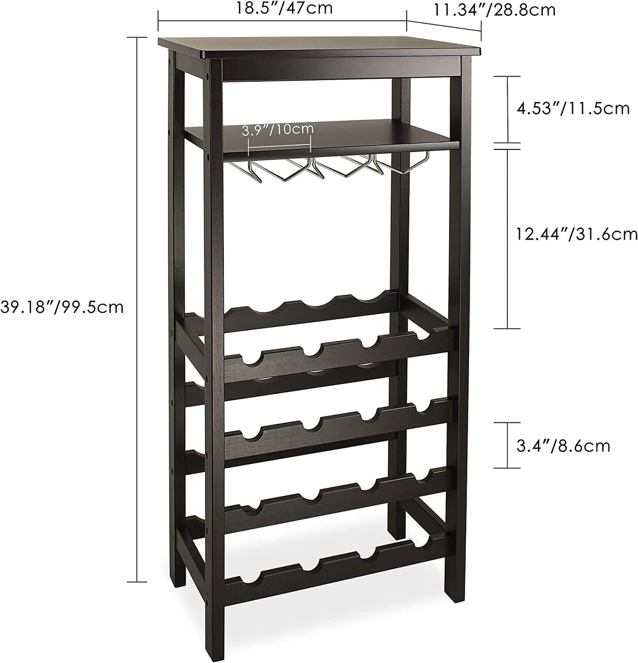 Wine Rack with Glass Holder & Table Top, 16 Bottles Storage, Floor Free Standing Bamboo Display Shelves for Home, Kitchen, Pantry, Cellar, Bar (Espresso)