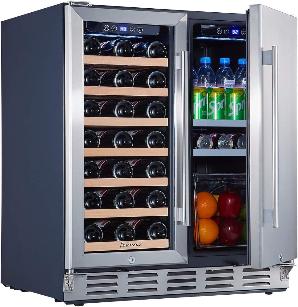 "Ultimate 2-in-1 Wine and Beverage Refrigerator - Store 33 Bottles and 104 Cans  - Sleek Glass Door and Stainless Steel Finish -"