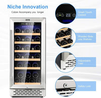 Thumbnail for 15 Inch Wine Cooler Refrigerators, 30 Bottle Fast Cooling Low Noise and No Fog Wine Fridge with Professional Compressor Stainless Steel, Digital Temperature Control Screen Built-In Freestanding