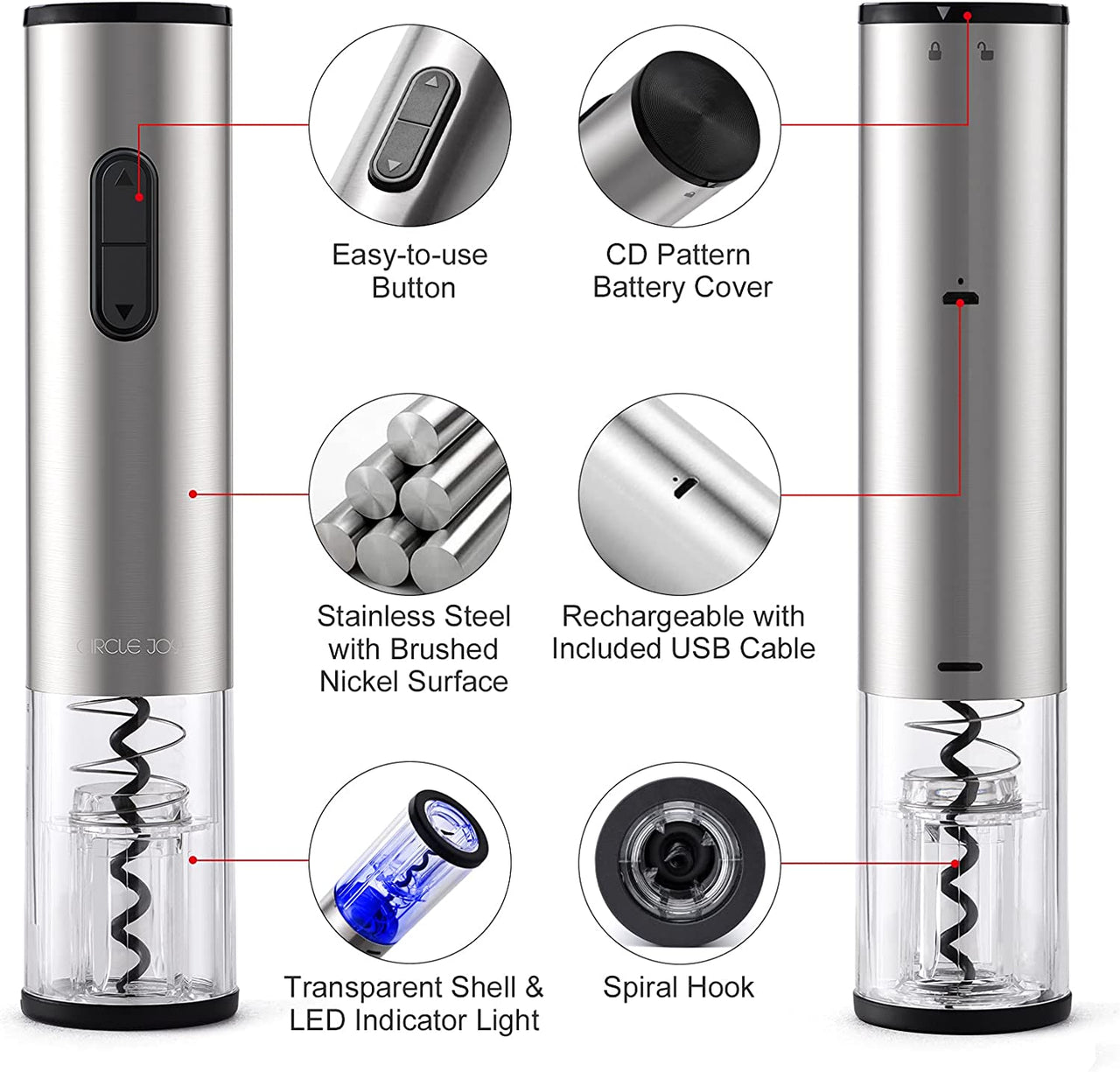 Electric Wine Opener Rechargeable Battery Operated Wine Bottle Opener with Foil Cutter Automatic Wine Openers Electric Corkscrew Wine Opener for Wine Lovers, Stainless Steel