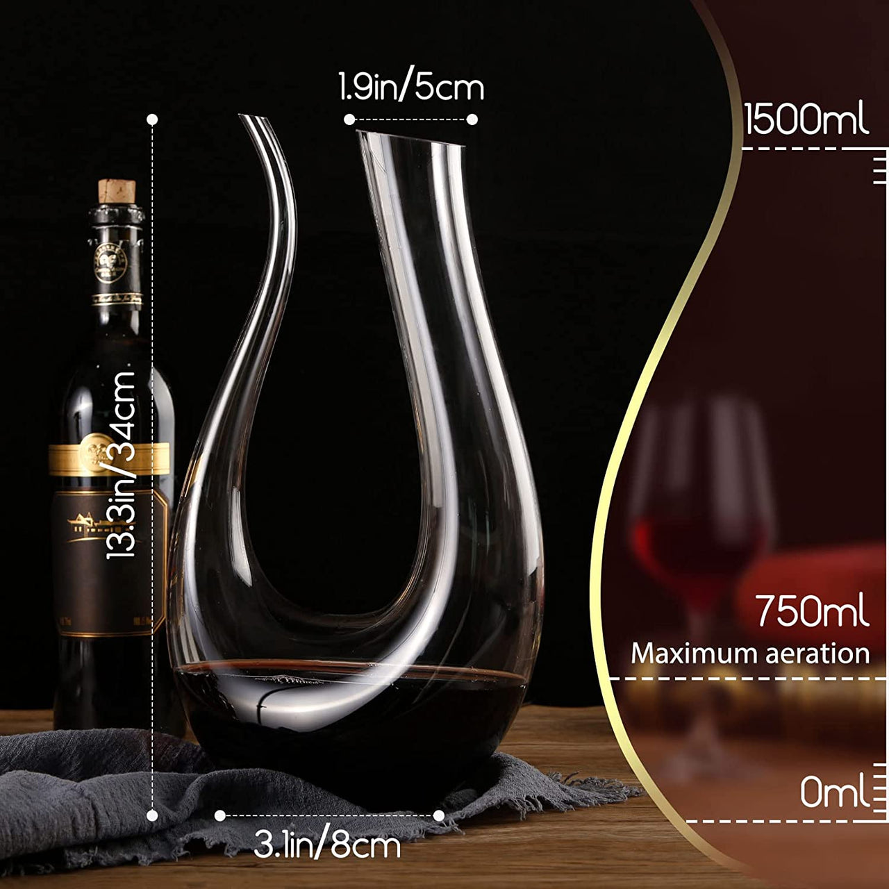 Decanters for Wine,  Red Wine Decanter, Lead-Free Wine Decanters, U Shape Wine Decanter, Hand Blown Wine Decanters and Carafes, U Shape Design, 1.5L, Clear