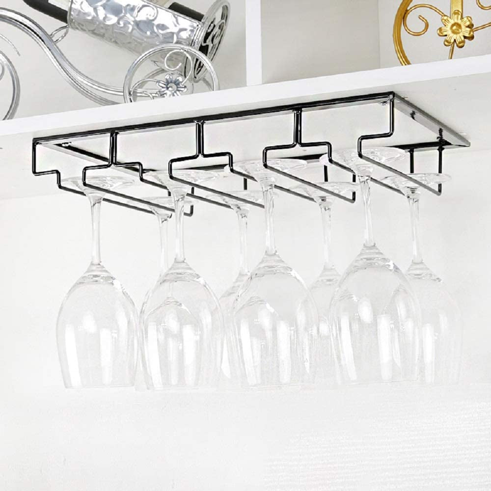 Wine Glass Rack under Cabinet - Stemware Holder Metal Wine Glass Organizer Glasses Storage Hanger for Bar Kitchen Black 4 Rows