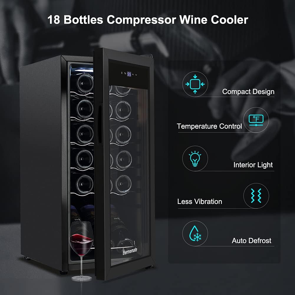 18 Bottle Wine Cooler Refrigerator, 1.76Cu.Ft Freestanding Compressor Wine Fridge, Auto Defrost Quiet Operation Single Zone Wine Cellar, 41F-64F Temperature Range for Red, White and Champagne Wine, ETL Listed