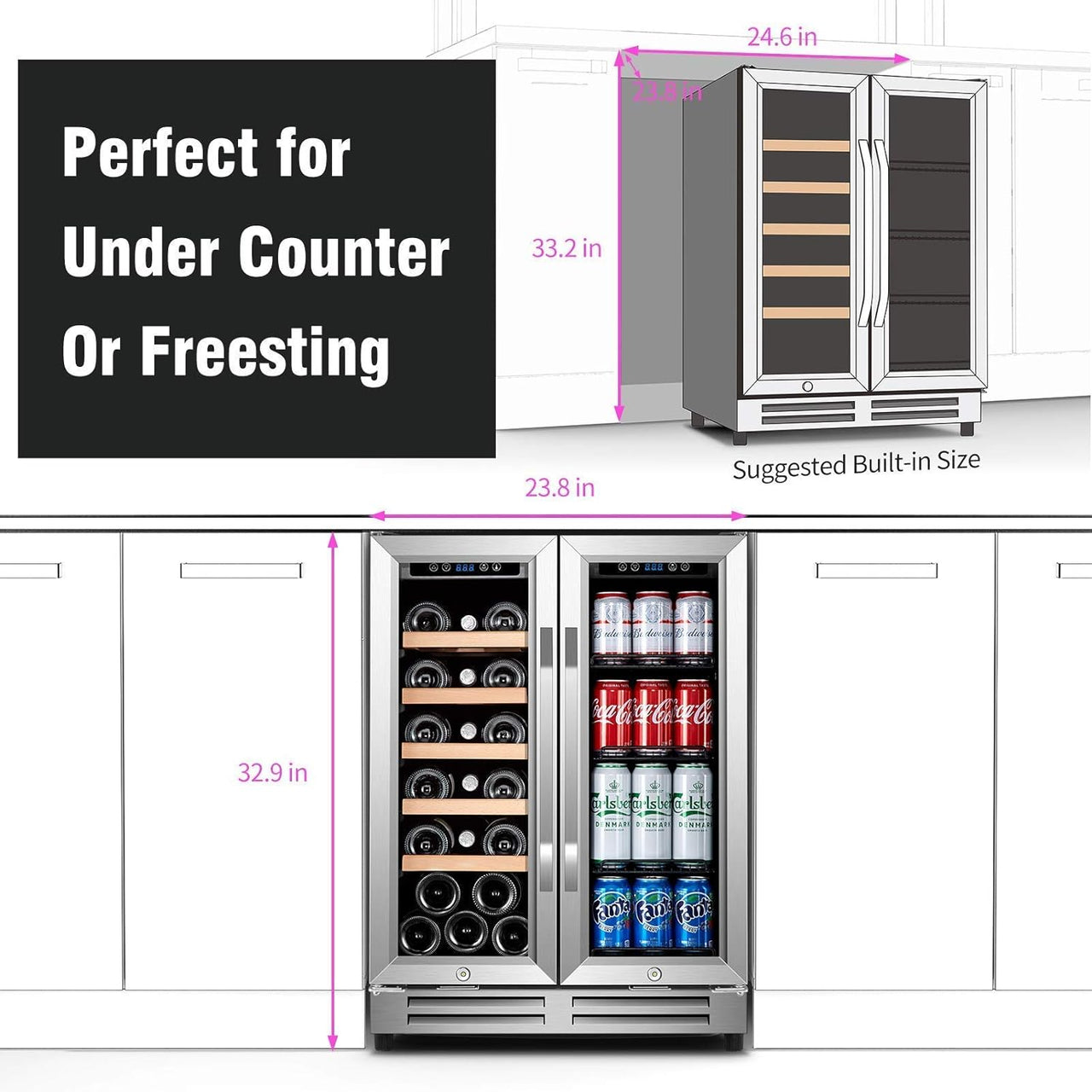 24 Inch Wine and Beverage Refrigerator, Built-In & Freestanding with Digital Control, Hold 20 Bottle and 50 Cans