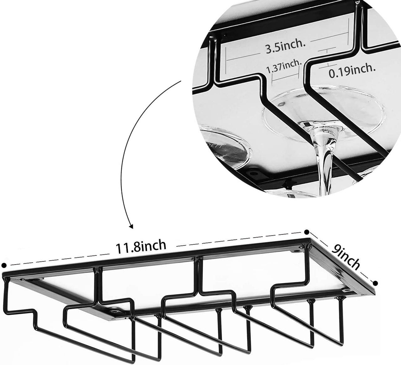 Wine Glass Rack - under Cabinet Stemware Wine Glass Holder Glasses Storage Hanger 2 Pack Metal Organizer for Bar Kitchen Black
