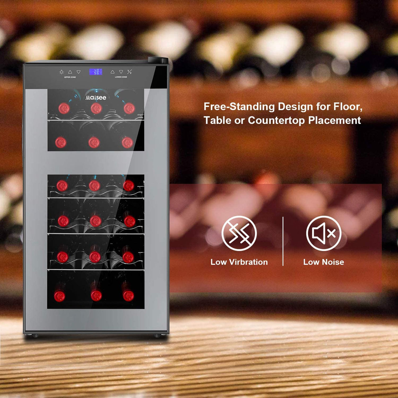 Wine Fridge Dual Zone,18 Bottles Wine Cooler Refrigerator Chiller Upper Zone 46F-54F Lower Zone 54F-65F for Red White Wine Champagne in Home Office Bedroom Countertop （18 Bottles,Black