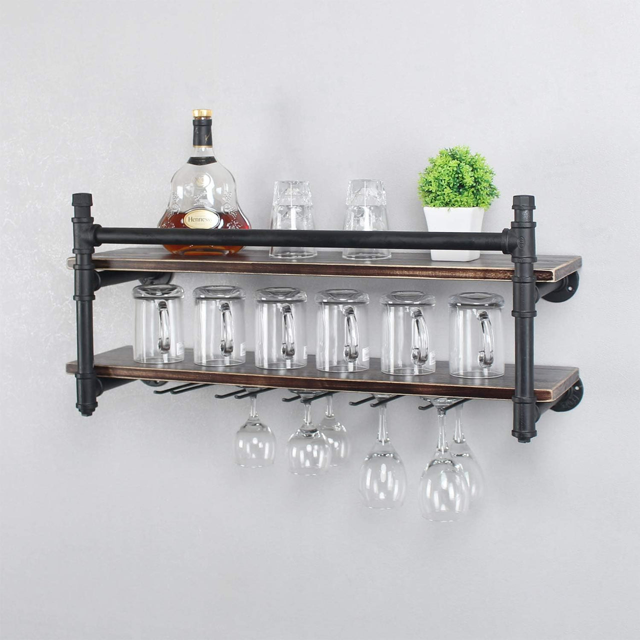 Industrial Wall Mounted Wine Rack,2-Tier Wood Shelf,Wine Bottle with 5 Stemware Glass Rack,Mugs Racks,Bottle & Glass Holder,Display Racks,Home & Kitchen Décor,Black(30 Inch,Style B)