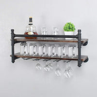 Thumbnail for Industrial Wall Mounted Wine Rack,2-Tier Wood Shelf,Wine Bottle with 5 Stemware Glass Rack,Mugs Racks,Bottle & Glass Holder,Display Racks,Home & Kitchen Décor,Black(30 Inch,Style B)