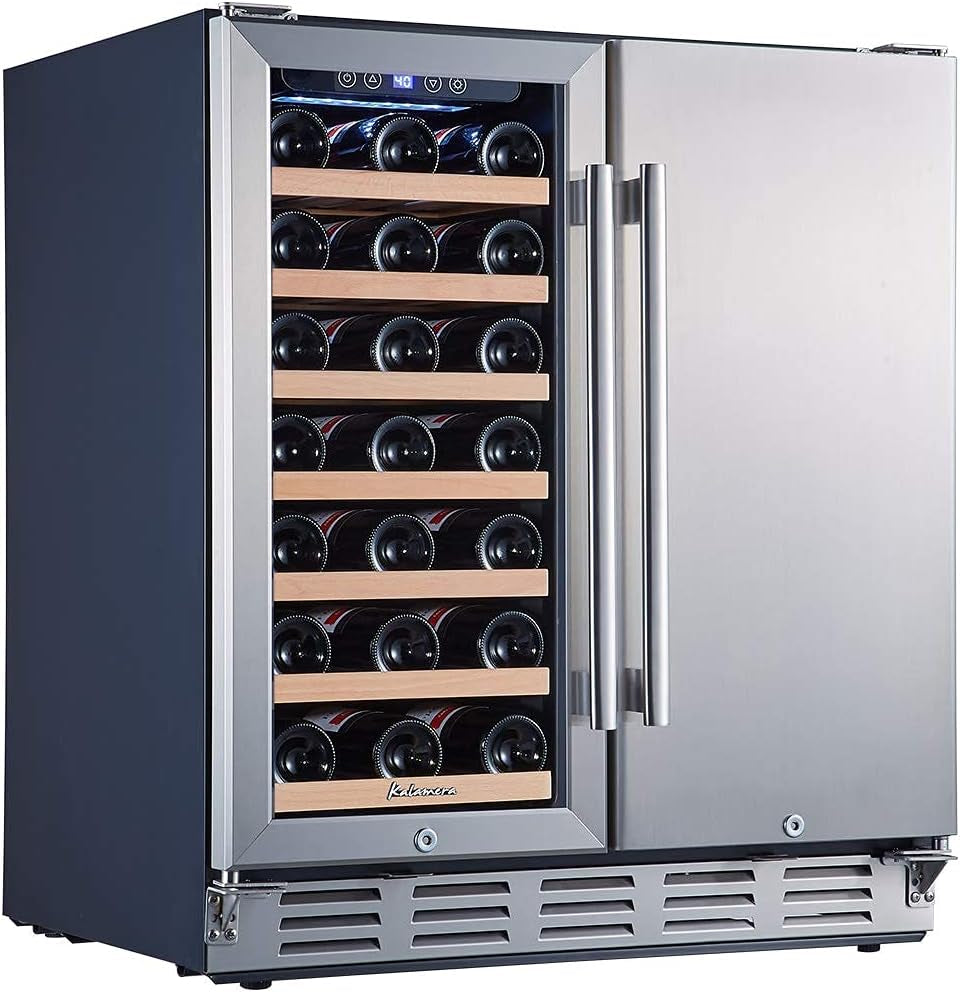 "Ultimate 2-in-1 Wine and Beverage Refrigerator - Store 33 Bottles and 104 Cans  - Sleek Glass Door and Stainless Steel Finish -"