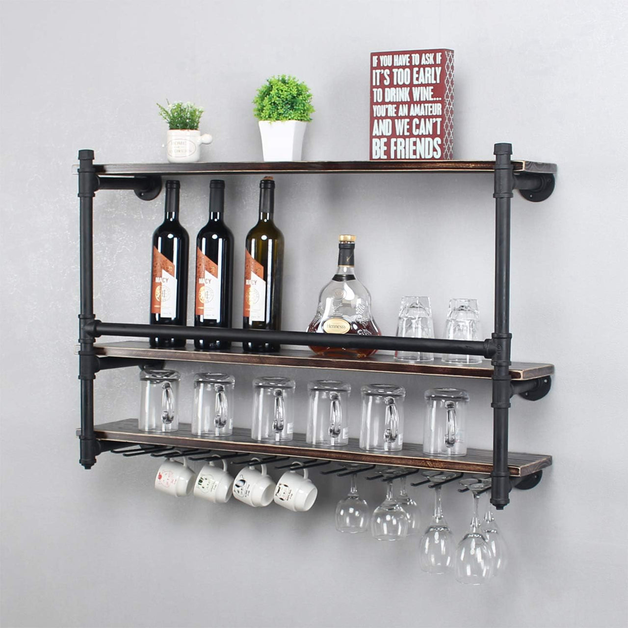 Industrial Wall Mounted Wine Rack,3-Tier Wood Shelf,Wine Bottle with 9 Stemware Glass Rack,Mugs Racks,Bottle & Glass Holder,Display Racks,Home & Kitchen Décor,Black(36 Inch,Style B)