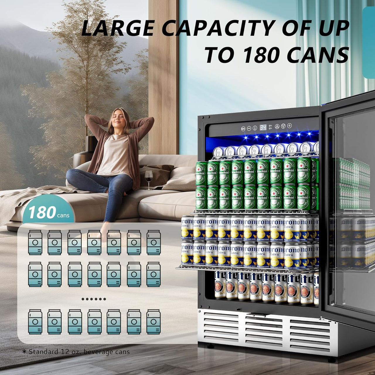 24 Inch Beverage Refrigerator, 180 Can Built-In or Freestanding Beverage Cooler, under Counter Beer Fridge with Glass Door for Soda, Water, Wine - for Kitchen, Bar or Office.