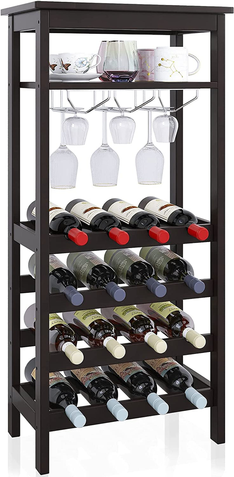 Wine Rack with Glass Holder & Table Top, 16 Bottles Storage, Floor Free Standing Bamboo Display Shelves for Home, Kitchen, Pantry, Cellar, Bar (Espresso)