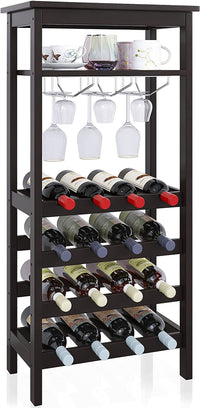 Thumbnail for Wine Rack with Glass Holder & Table Top, 16 Bottles Storage, Floor Free Standing Bamboo Display Shelves for Home, Kitchen, Pantry, Cellar, Bar (Espresso)