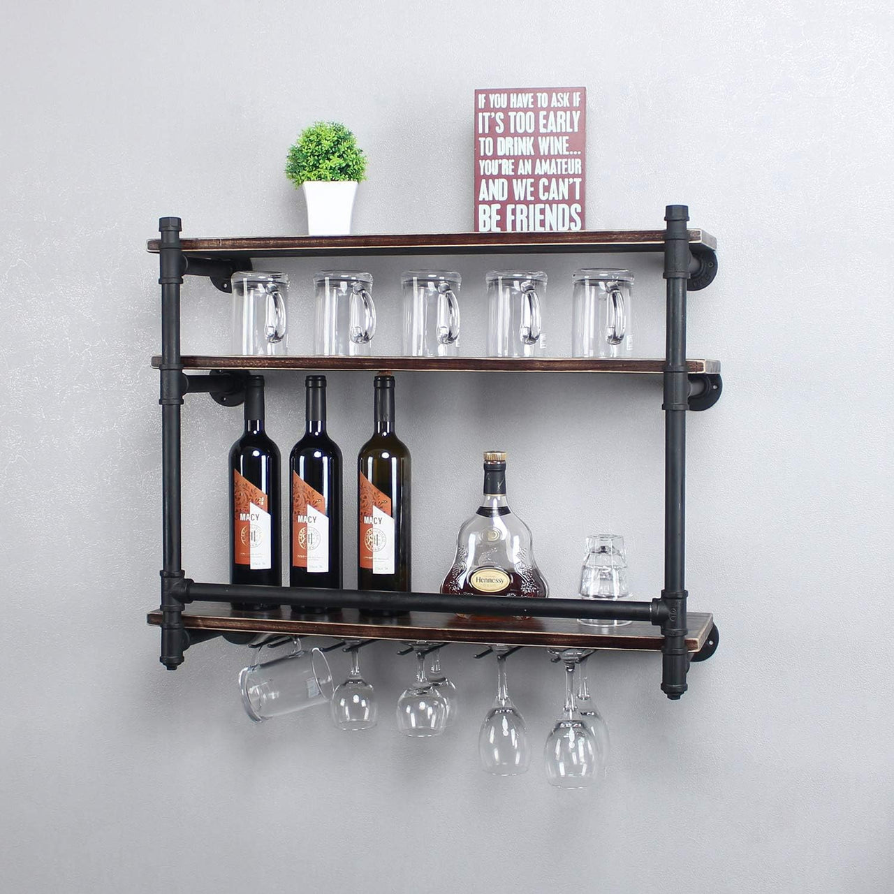 Industrial Wall Mounted Wine Rack,3-Tier Wood Shelf,Wine Bottle with 5 Stemware Glass Rack,Mugs Racks,Bottle & Glass Holder,Display Racks,Home & Kitchen Décor,Black(30 Inch,Style A)