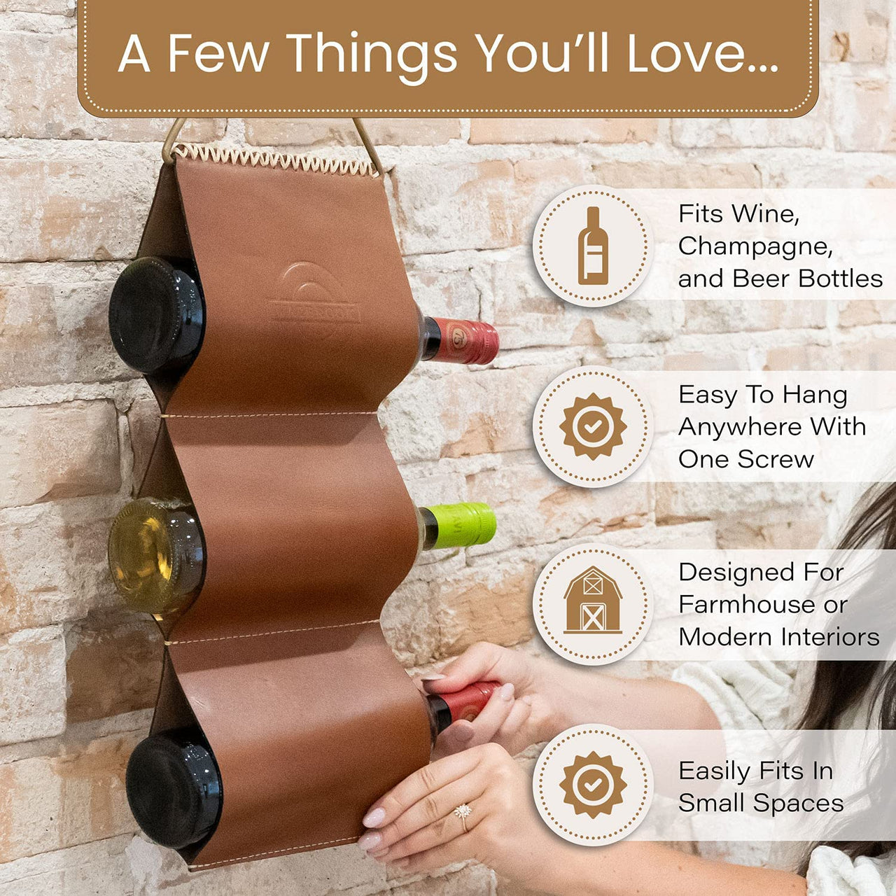 Small Wine Rack - 3 Bottle Wall Mounted Wine Rack, Space Saving Wine Rack, Leather Wall Wine Rack, Wine Gifts for Wine Lovers, Wine Bottle Holder, Leather Magazine Rack