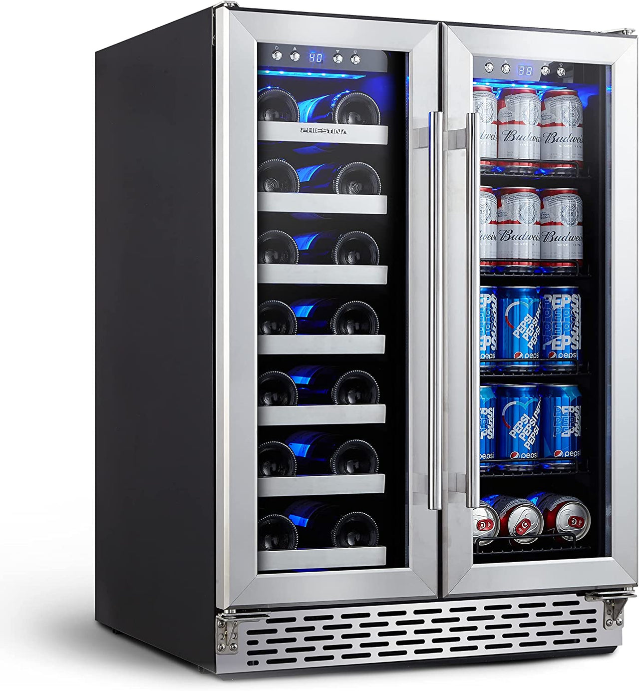 Wine and Beverage Refrigerator, Wine Cooler 20 Bottles&78 Cans 24’’, Built-In/Freestanding Dual Zone Wine Fridge with Glass Door Removable Shelves for Home/Bar/Office Quiet