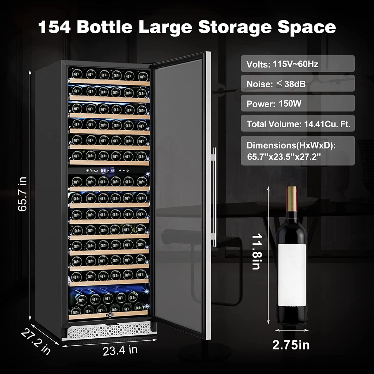 24 Inch Wine Fridge Dual Zone, 154 Bottle Wine Cooler Refrigerator with Stainless Steel and Professional Compressor, Fast Cooling Low Noise and No Fog Built-In or Freestanding