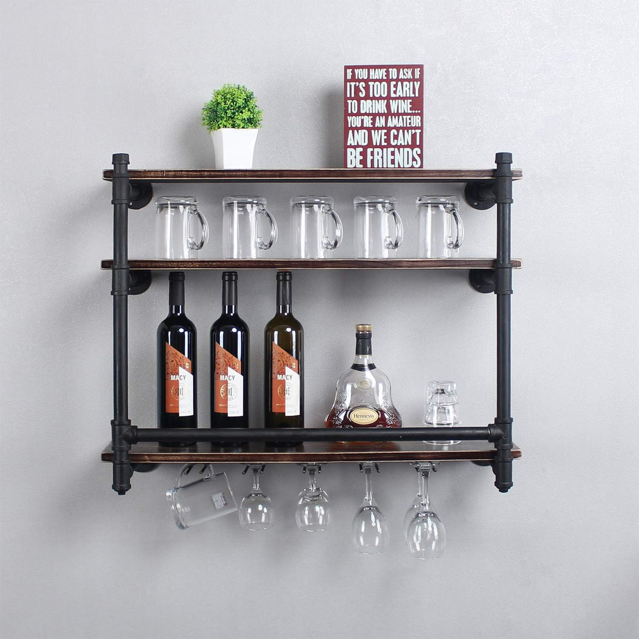 Industrial Wall Mounted Wine Rack,3-Tier Wood Shelf,Wine Bottle with 5 Stemware Glass Rack,Mugs Racks,Bottle & Glass Holder,Display Racks,Home & Kitchen Décor,Black(30 Inch,Style A)